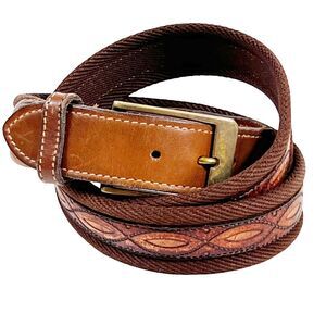 Webbed Canvas w Geometric Leather Inset Belt Sz 38 Brown Tan 1001999 Made USA